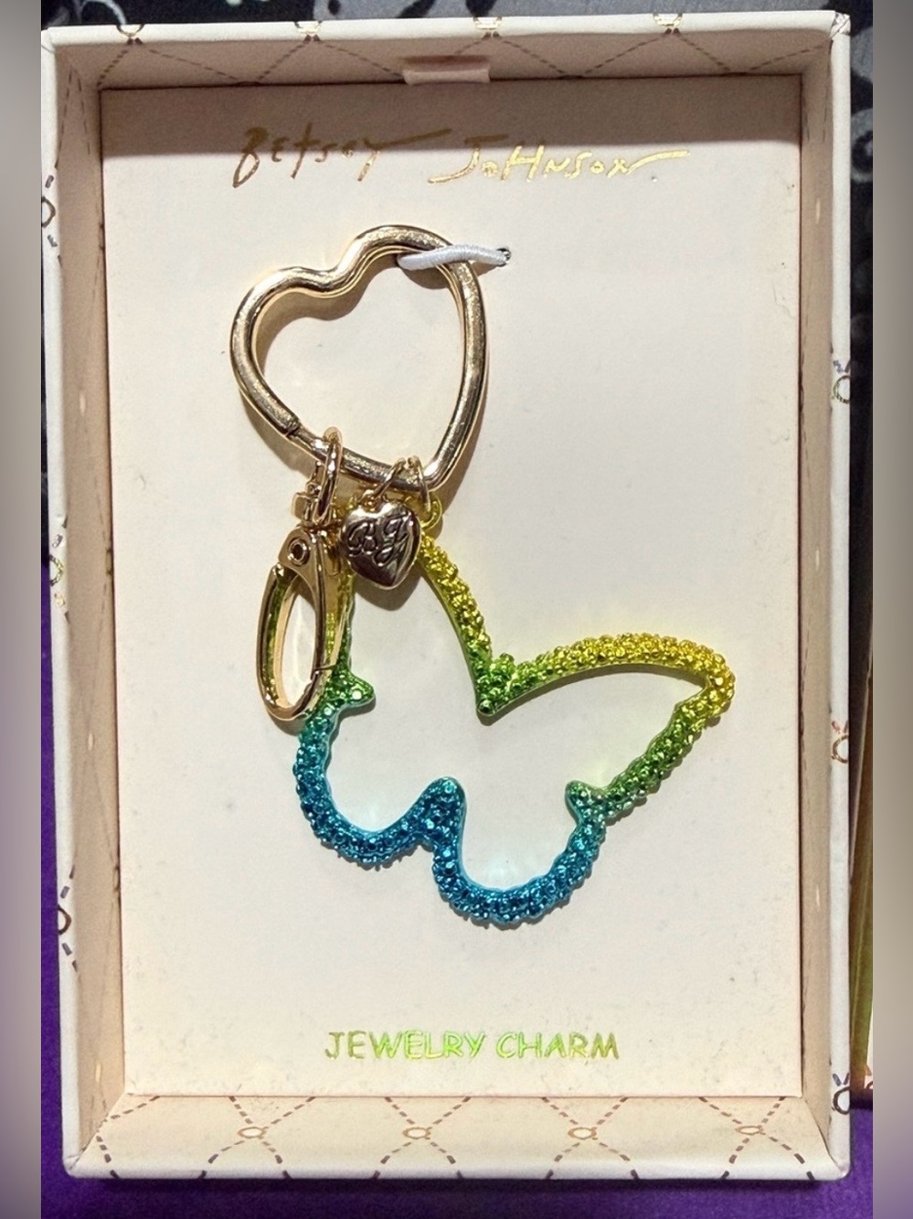 Betsey Johnson Gold Keyring with Blue-Green-Yellow Ombre Butterfly Charm